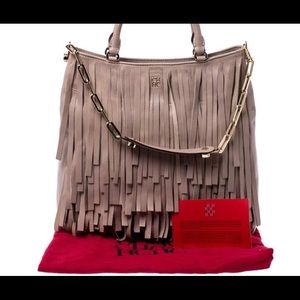 Carolina Herrera Beige Leather Fringe Gaspar Tote